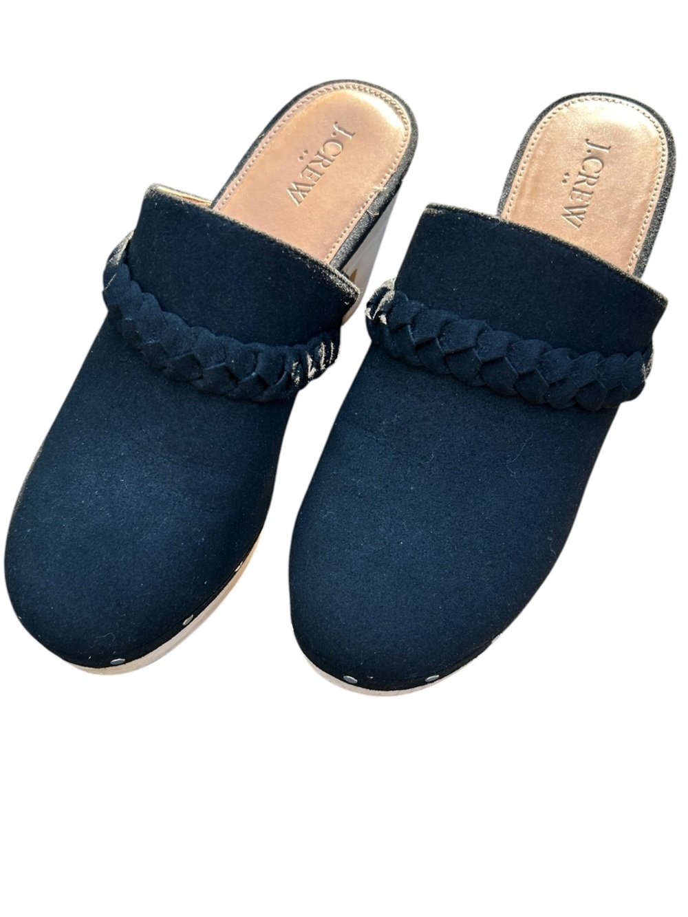 J. Crew Factory Sueded Wooden Platform Clogs 8.5 Boho Slip on Studded Braided - Picture 2 of 12